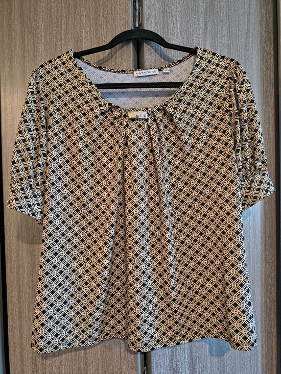 Notations Tops - Notations Black Beige Short Puff Sleeve Scoop Neck Blouse Office Casual Medium